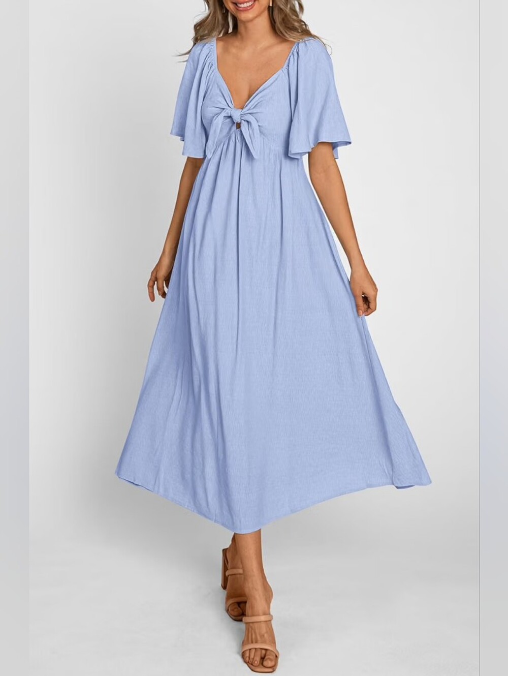 Womens Light Blue Tie-Front Midi Dress Bow Knot Wedding Casual Beach Night Out,M